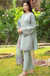 JAZMIN - 3PC DHANAK EMBROIDERED SHIRT AND ORGANZA PRINTED DUPATTA WITH TROUSER - HZG2542